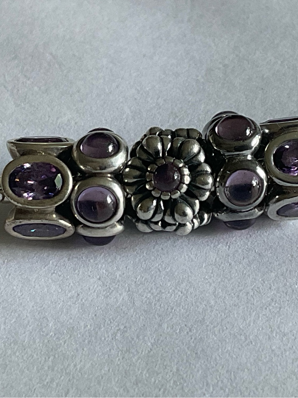 Pandora Sterling Silver Bracelet with Purple Gem Flower Accents